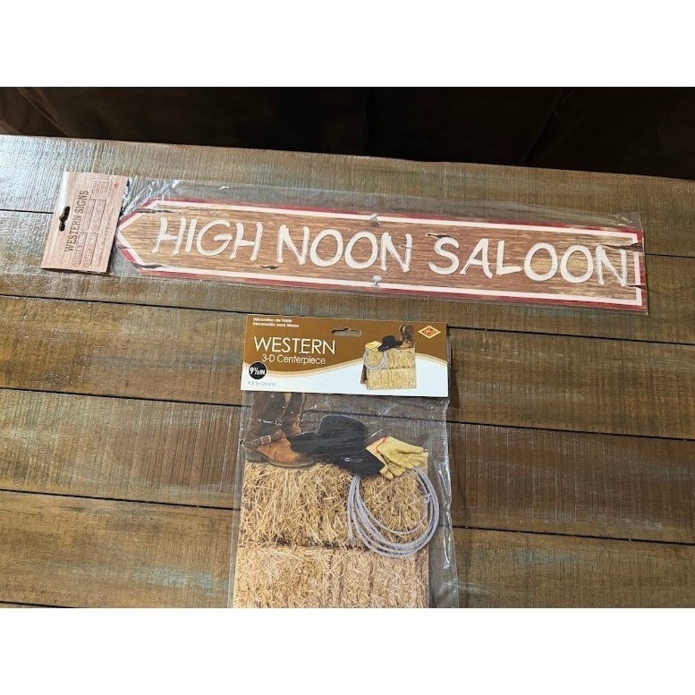 Western Party Decorations 3D Hay Bale Centerpiece & Directional Signs 5pc